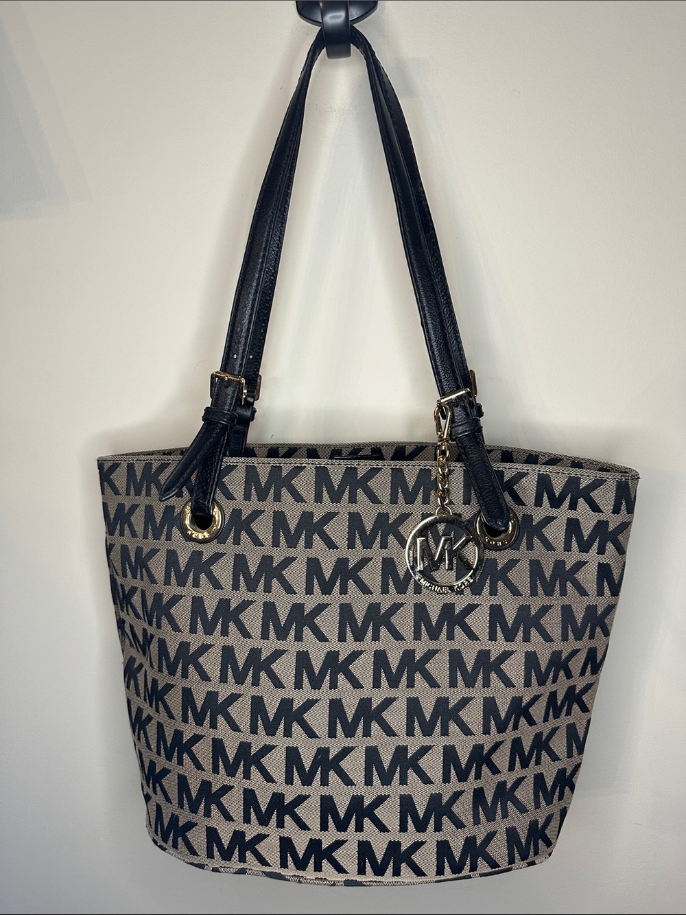 Michael Kors Beige and Black MK Logo Tote with Black Handles